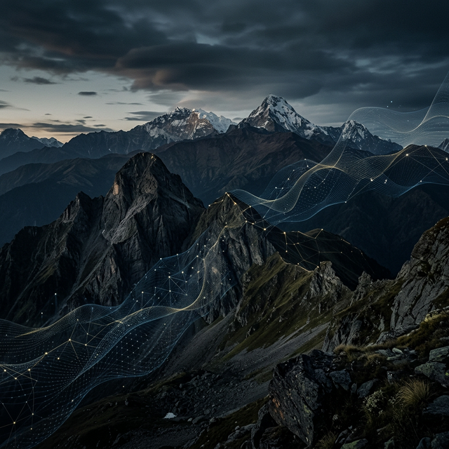 Himalayan mountains with digital wave patterns